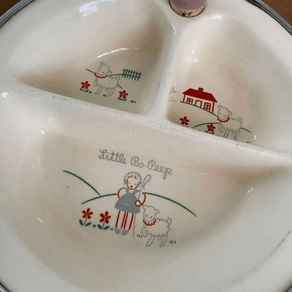 Vintage Little Bo Peep Baby Warming Dish with Chromium Handles, 1940s